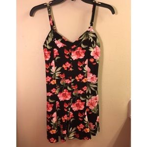 Tropical floral print romper.